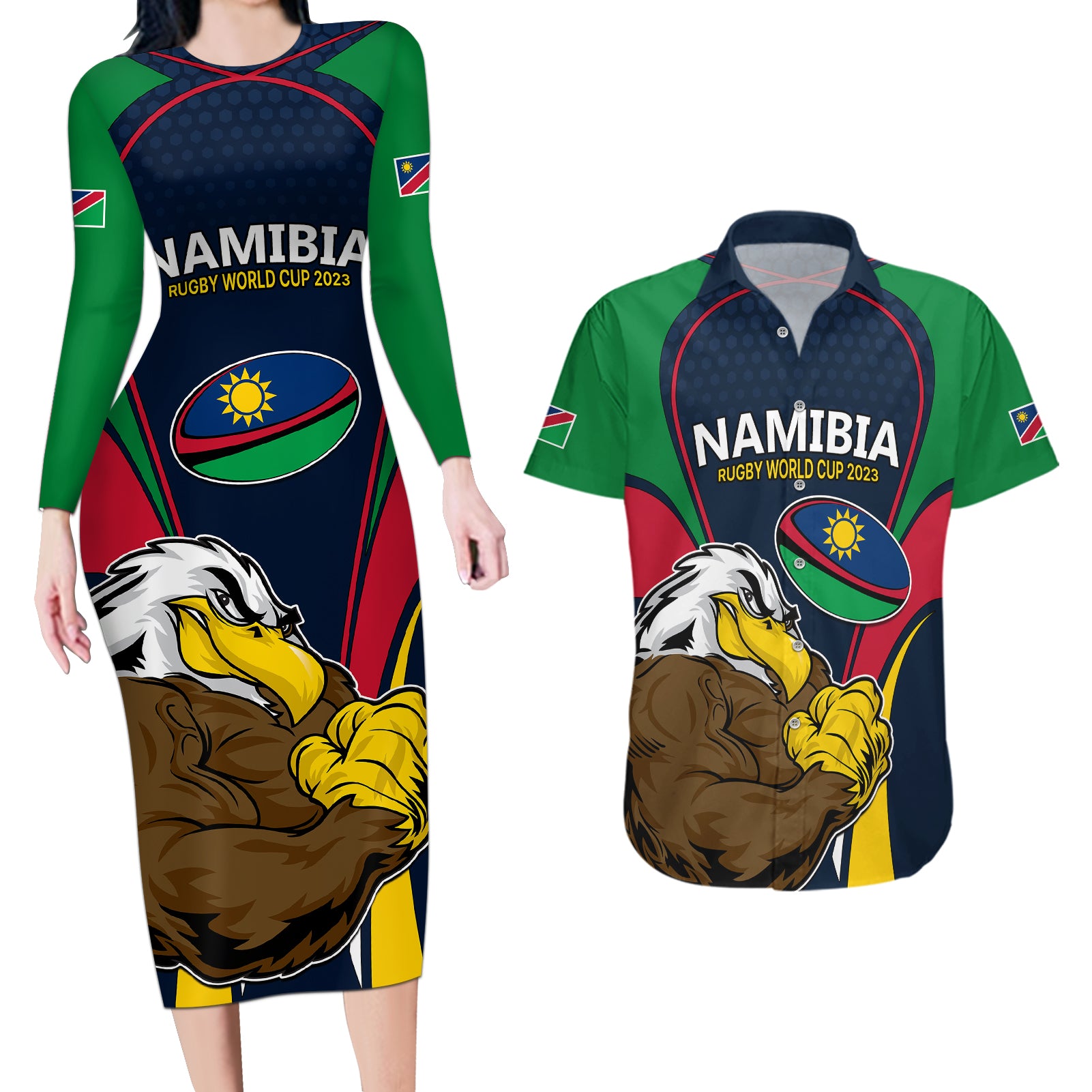 Namibia Rugby Couples Matching Long Sleeve Bodycon Dress and Hawaiian Shirt World Cup 2023 Eagle Mascot Come On Welwitschias LT9 - Wonder Print Shop