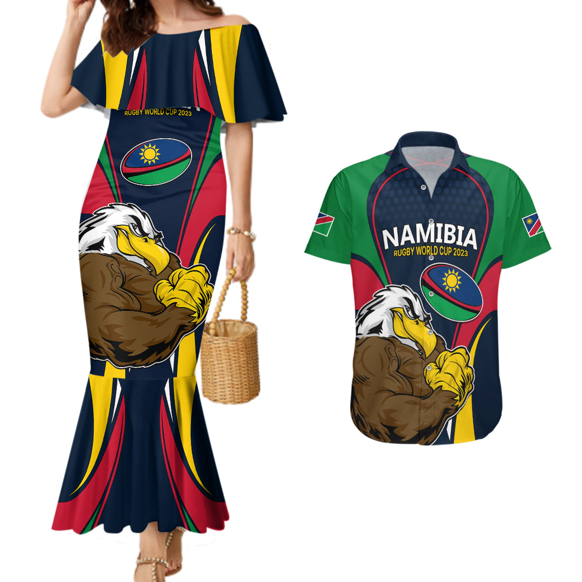 Namibia Rugby Couples Matching Mermaid Dress and Hawaiian Shirt World Cup 2023 Eagle Mascot Come On Welwitschias LT9 - Wonder Print Shop