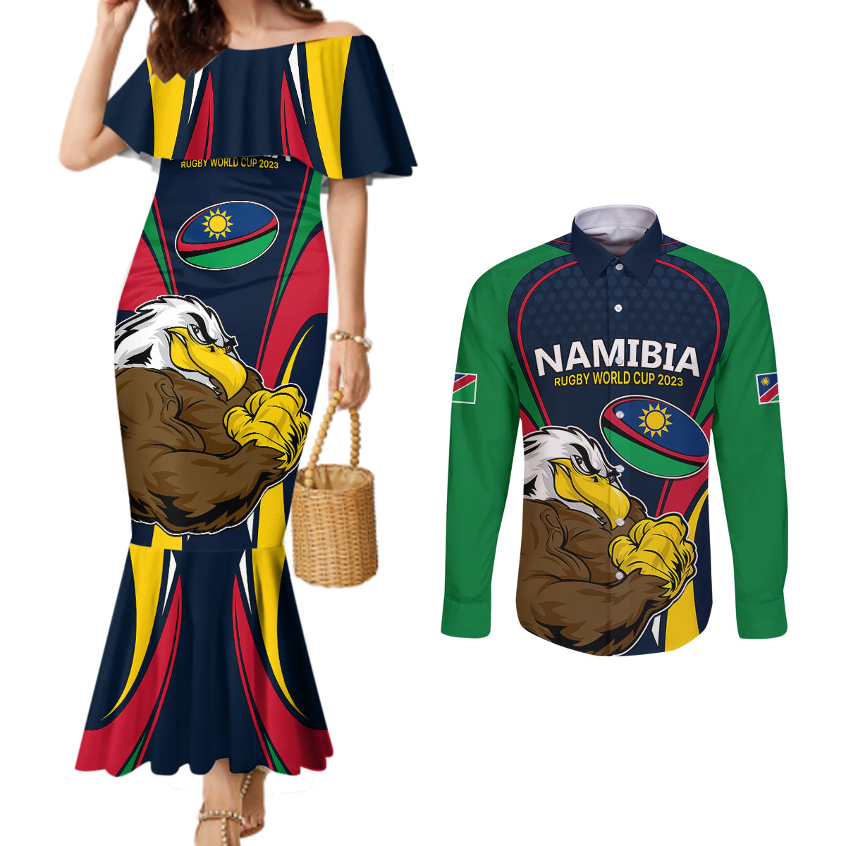 namibia-rugby-couples-matching-mermaid-dress-and-long-sleeve-button-shirts-world-cup-2023-eagle-mascot-come-on-welwitschias