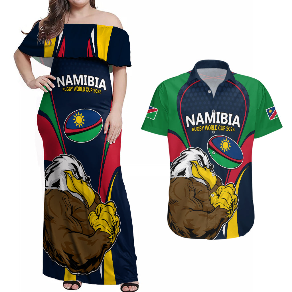 Namibia Rugby Couples Matching Off Shoulder Maxi Dress and Hawaiian Shirt World Cup 2023 Eagle Mascot Come On Welwitschias LT9 - Wonder Print Shop