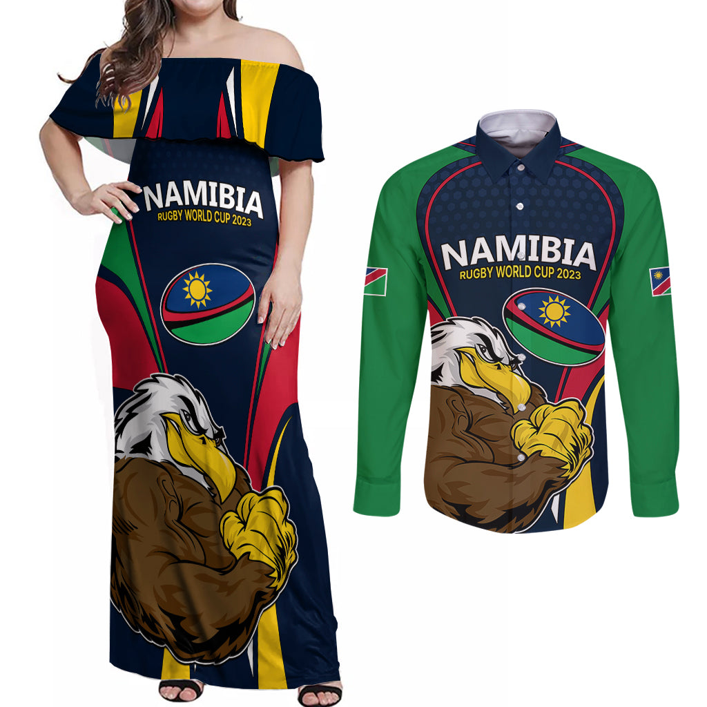 Namibia Rugby Couples Matching Off Shoulder Maxi Dress and Long Sleeve Button Shirts World Cup 2023 Eagle Mascot Come On Welwitschias LT9 - Wonder Print Shop