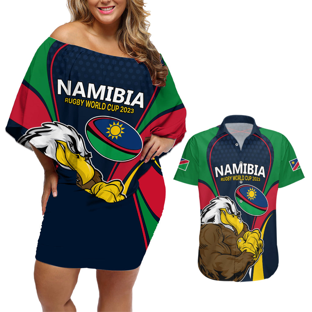 Namibia Rugby Couples Matching Off Shoulder Short Dress and Hawaiian Shirt World Cup 2023 Eagle Mascot Come On Welwitschias LT9 - Wonder Print Shop