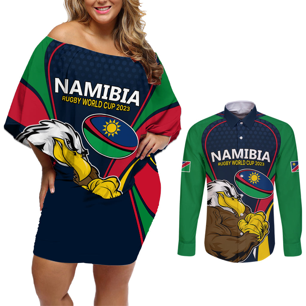 Namibia Rugby Couples Matching Off Shoulder Short Dress and Long Sleeve Button Shirts World Cup 2023 Eagle Mascot Come On Welwitschias LT9 - Wonder Print Shop