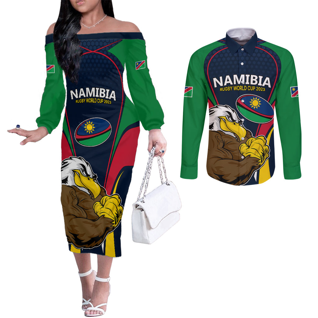 namibia-rugby-couples-matching-off-the-shoulder-long-sleeve-dress-and-long-sleeve-button-shirts-world-cup-2023-eagle-mascot-come-on-welwitschias