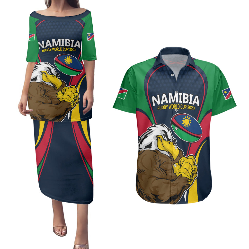 Namibia Rugby Couples Matching Puletasi Dress and Hawaiian Shirt World Cup 2023 Eagle Mascot Come On Welwitschias LT9 - Wonder Print Shop