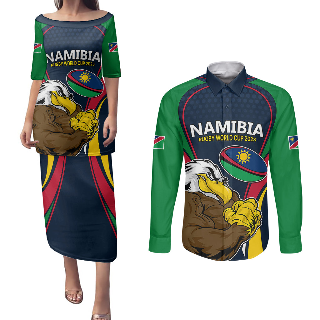 Namibia Rugby Couples Matching Puletasi Dress and Long Sleeve Button Shirts World Cup 2023 Eagle Mascot Come On Welwitschias LT9 - Wonder Print Shop