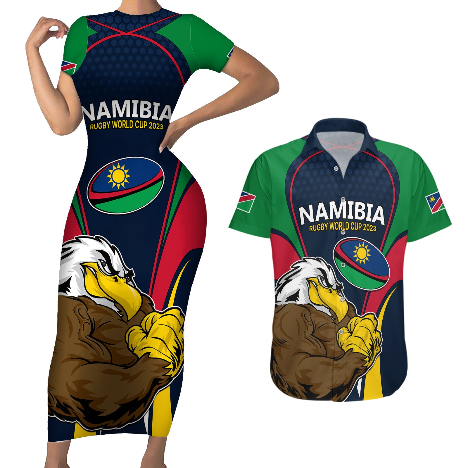 Namibia Rugby Couples Matching Short Sleeve Bodycon Dress and Hawaiian Shirt World Cup 2023 Eagle Mascot Come On Welwitschias LT9 - Wonder Print Shop