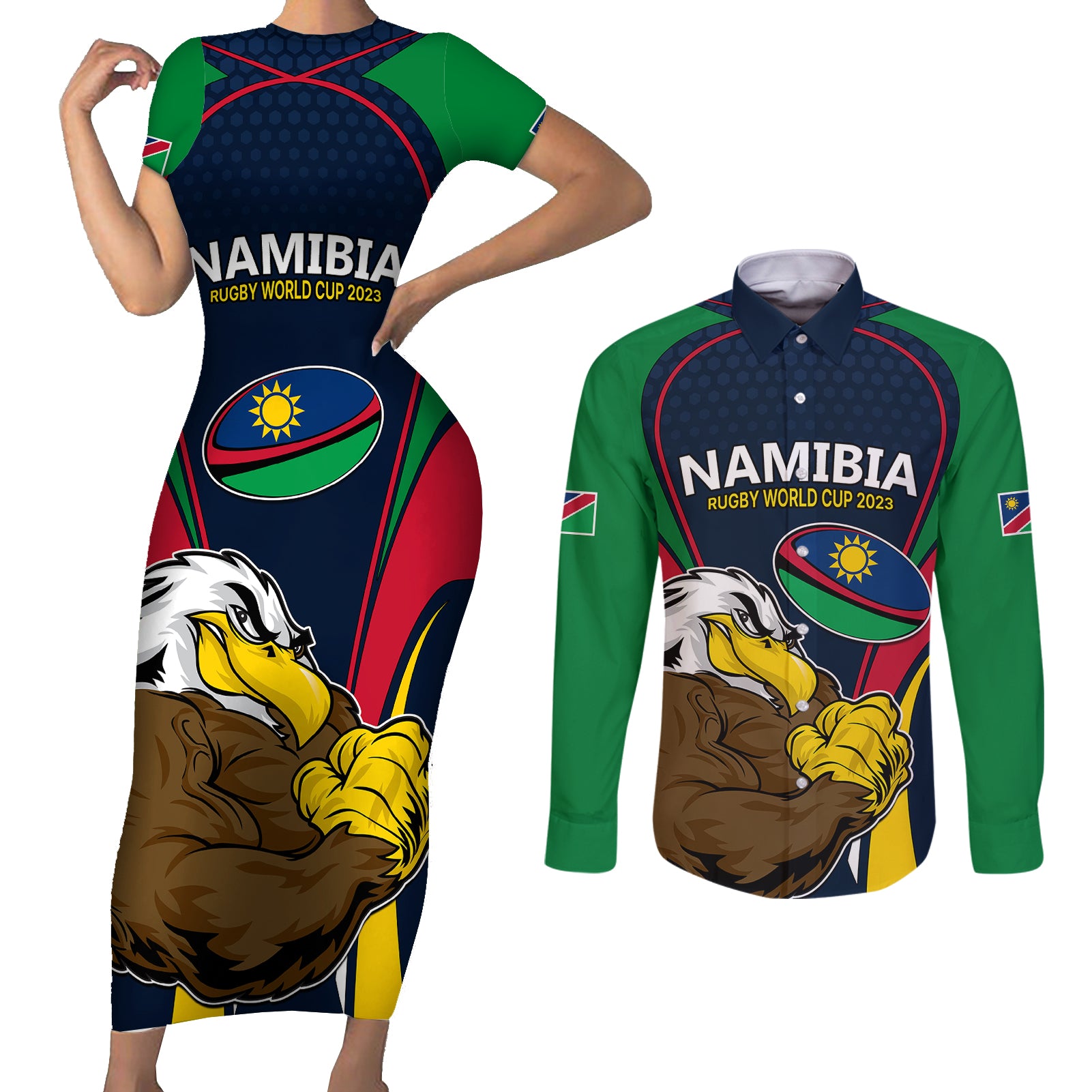 Namibia Rugby Couples Matching Short Sleeve Bodycon Dress and Long Sleeve Button Shirts World Cup 2023 Eagle Mascot Come On Welwitschias LT9 - Wonder Print Shop