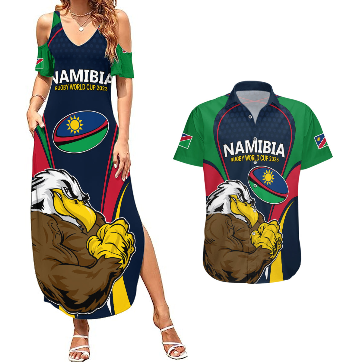 Namibia Rugby Couples Matching Summer Maxi Dress and Hawaiian Shirt World Cup 2023 Eagle Mascot Come On Welwitschias LT9 - Wonder Print Shop