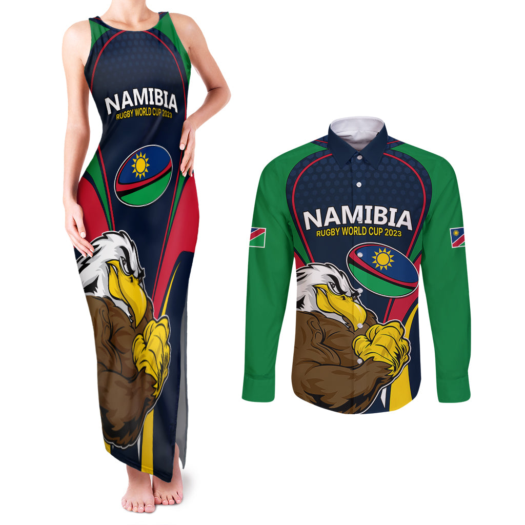 Namibia Rugby Couples Matching Tank Maxi Dress and Long Sleeve Button Shirts World Cup 2023 Eagle Mascot Come On Welwitschias LT9 - Wonder Print Shop