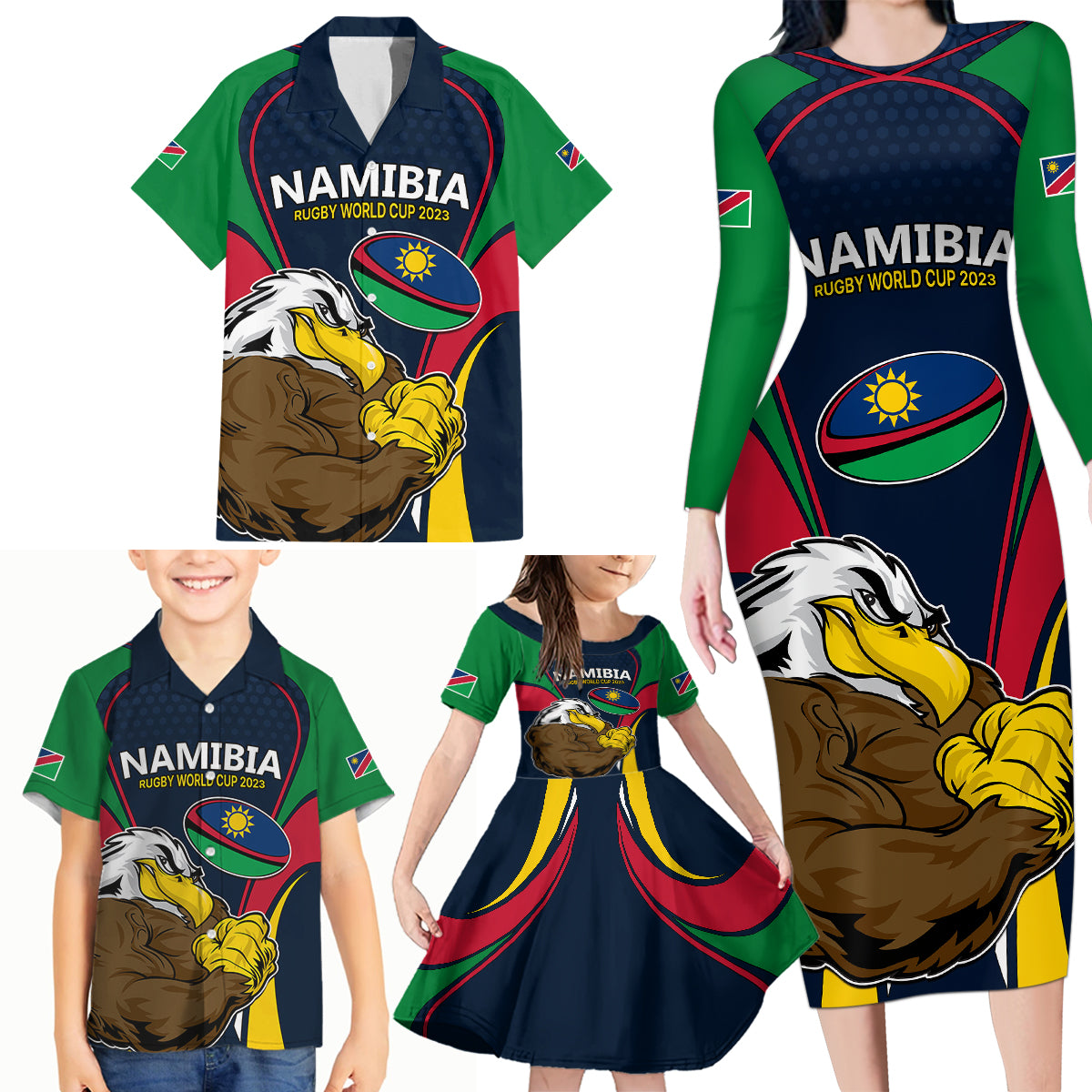 Namibia Rugby Family Matching Long Sleeve Bodycon Dress and Hawaiian Shirt World Cup 2023 Eagle Mascot Come On Welwitschias LT9 - Wonder Print Shop