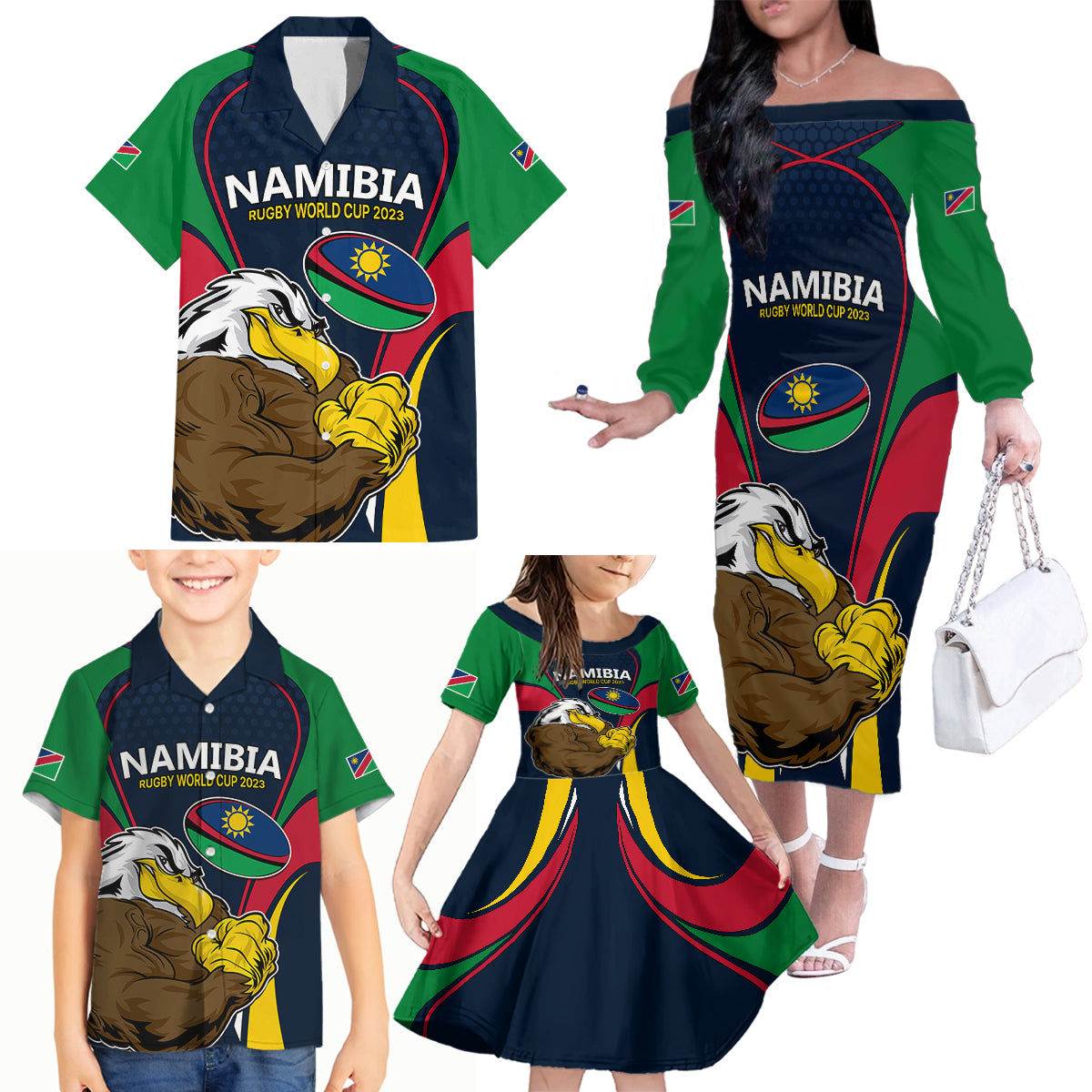 Namibia Rugby Family Matching Off Shoulder Long Sleeve Dress and Hawaiian Shirt World Cup 2023 Eagle Mascot Come On Welwitschias - Wonder Print Shop