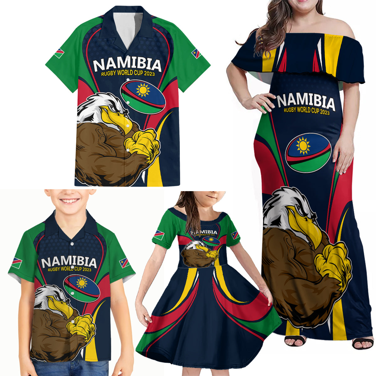 Namibia Rugby Family Matching Off Shoulder Maxi Dress and Hawaiian Shirt World Cup 2023 Eagle Mascot Come On Welwitschias LT9 - Wonder Print Shop