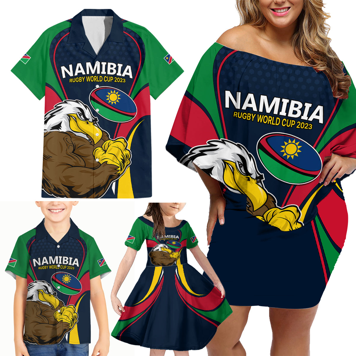 Namibia Rugby Family Matching Off Shoulder Short Dress and Hawaiian Shirt World Cup 2023 Eagle Mascot Come On Welwitschias LT9 - Wonder Print Shop