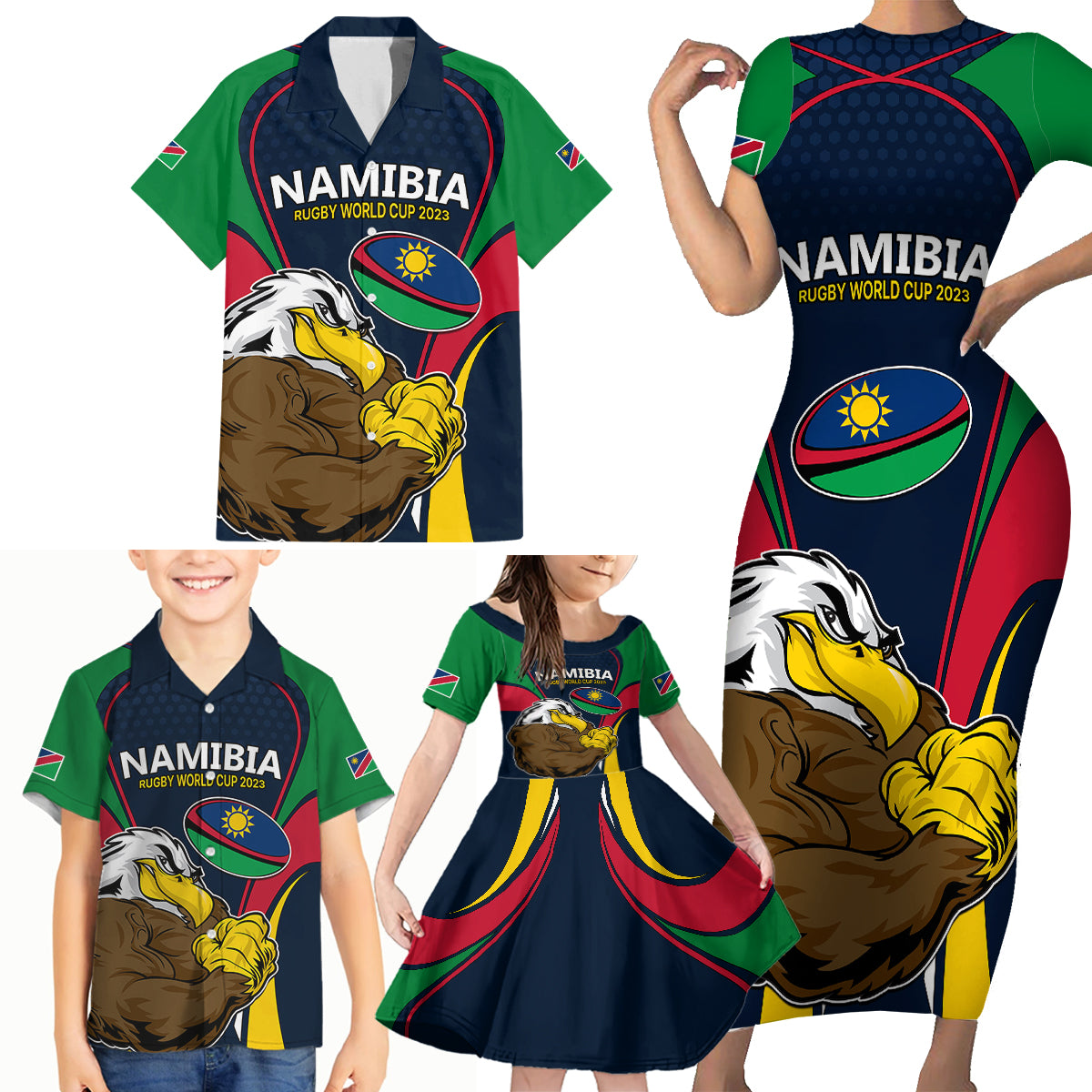 Namibia Rugby Family Matching Short Sleeve Bodycon Dress and Hawaiian Shirt World Cup 2023 Eagle Mascot Come On Welwitschias - Wonder Print Shop