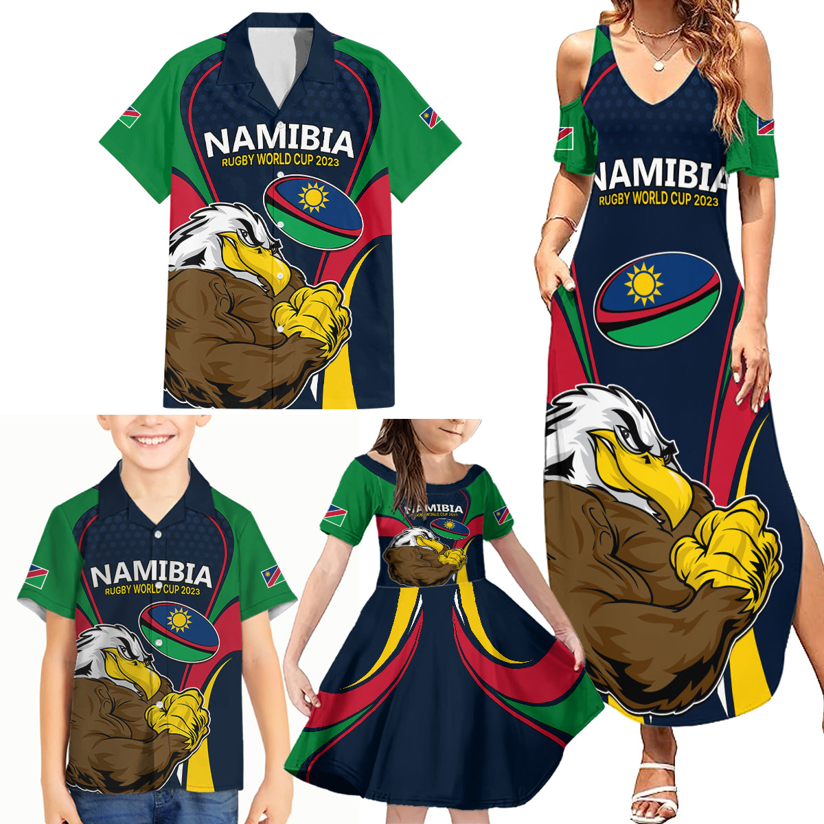 Namibia Rugby Family Matching Summer Maxi Dress and Hawaiian Shirt World Cup 2023 Eagle Mascot Come On Welwitschias - Wonder Print Shop