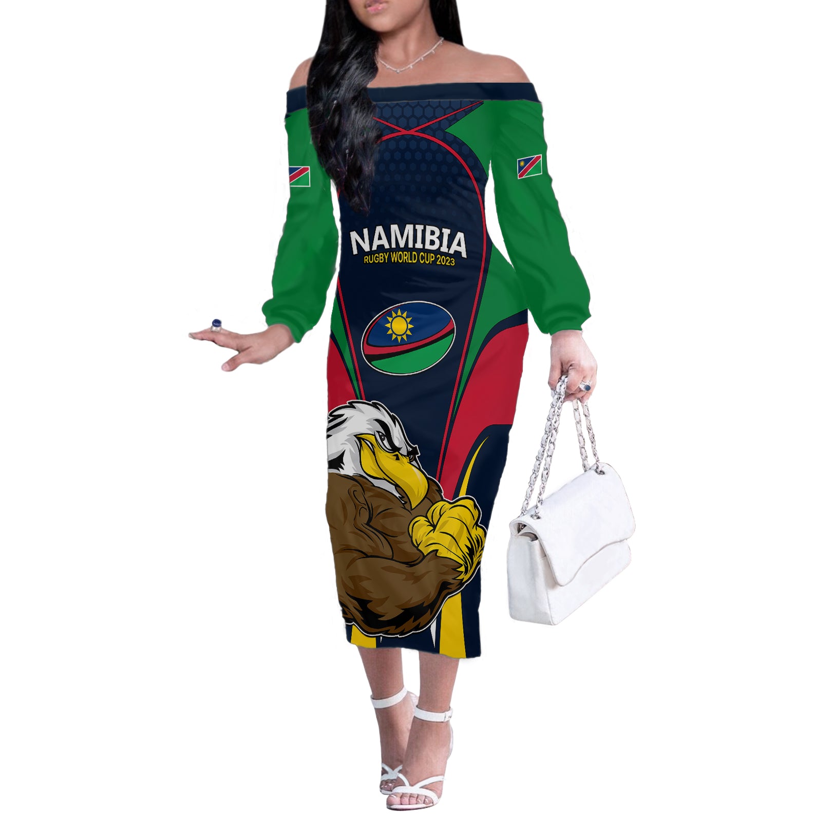 Namibia Rugby Off The Shoulder Long Sleeve Dress World Cup 2023 Eagle Mascot Come On Welwitschias - Wonder Print Shop