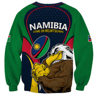 Rugby sweatshirt with green sleeves, eagle mascot, and 'Come On Welwitschias' text