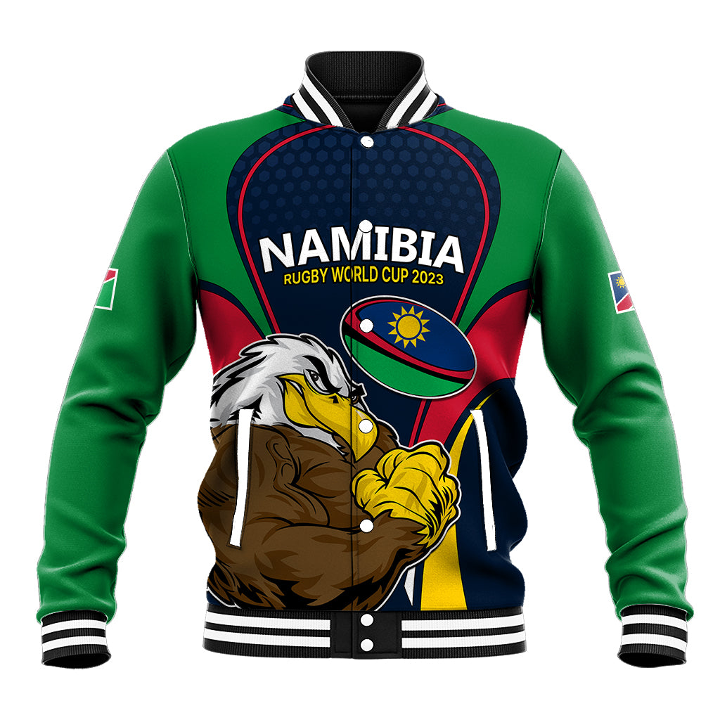 Rugby baseball jacket with Namibia logo, eagle mascot, green sleeves, varsity trim