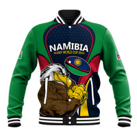 Rugby baseball jacket with Namibia logo, eagle mascot, green sleeves, varsity trim