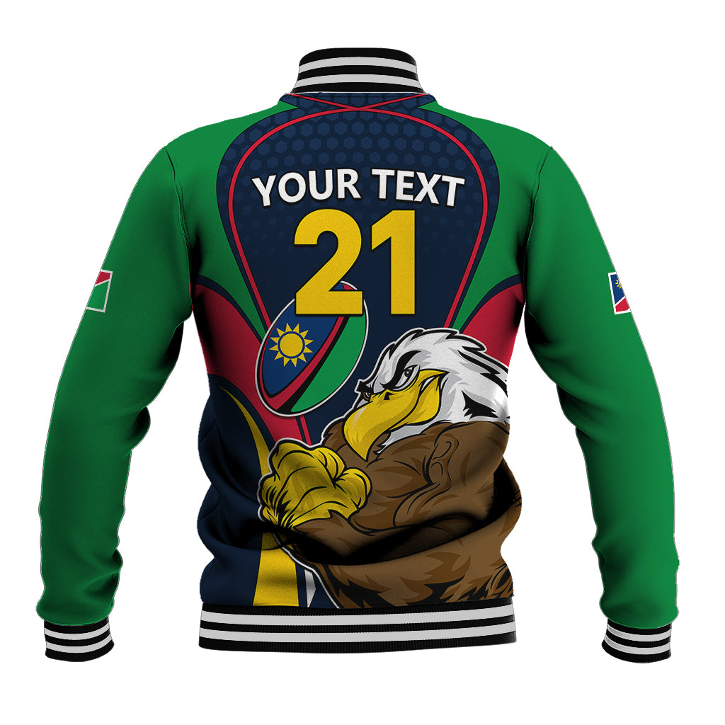 Rugby baseball jacket back with YOUR TEXT 21 and eagle graphic, green sleeves