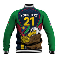 Rugby baseball jacket back with YOUR TEXT 21 and eagle graphic, green sleeves