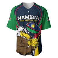 Rugby baseball jersey with dark blue body, green sleeves, Namibia crest and eagle mascot.