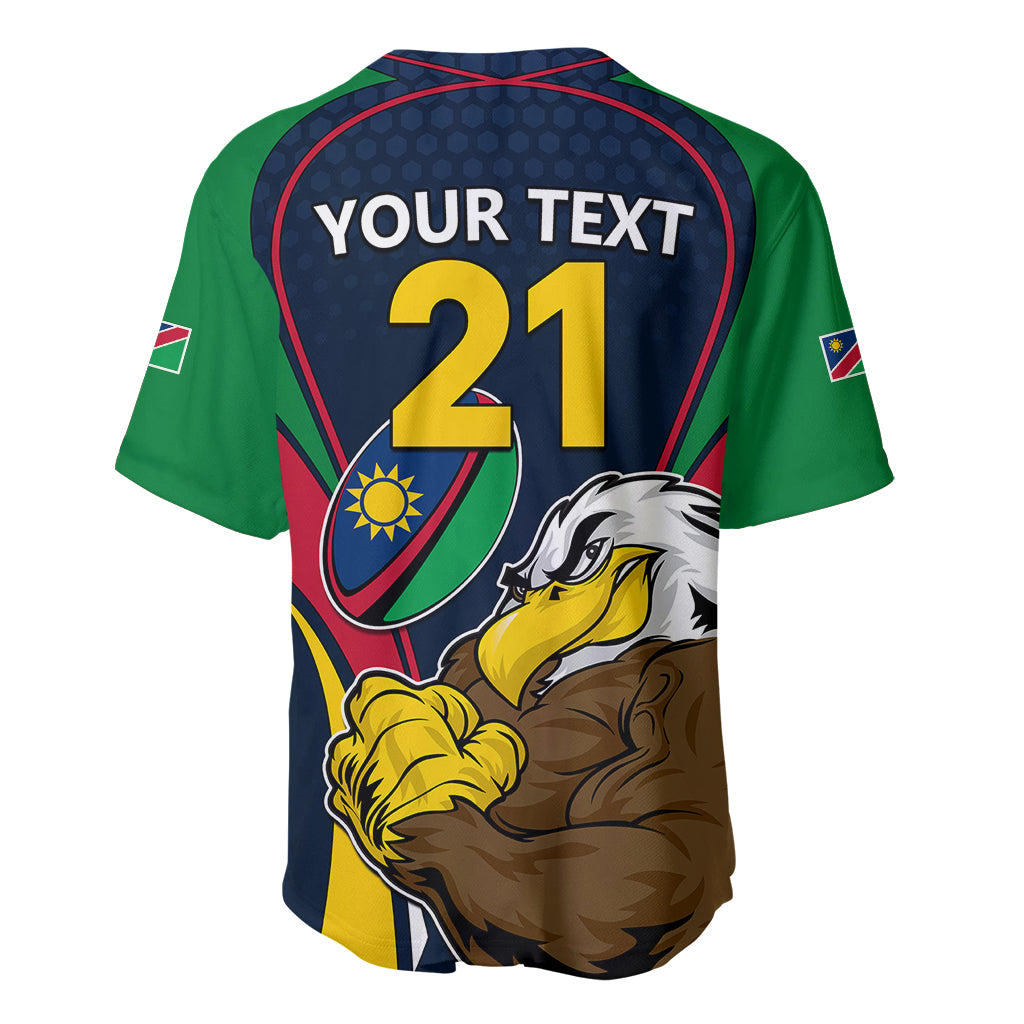 Rugby baseball jersey back with green sleeves, navy back, 'YOUR TEXT 21' and eagle graphic.