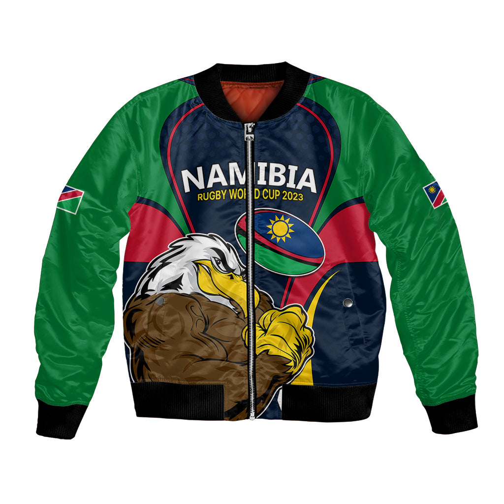 Rugby bomber jacket with full zip, navy front and green sleeves, Namibia eagle graphic