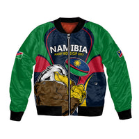 Rugby bomber jacket with full zip, navy front and green sleeves, Namibia eagle graphic