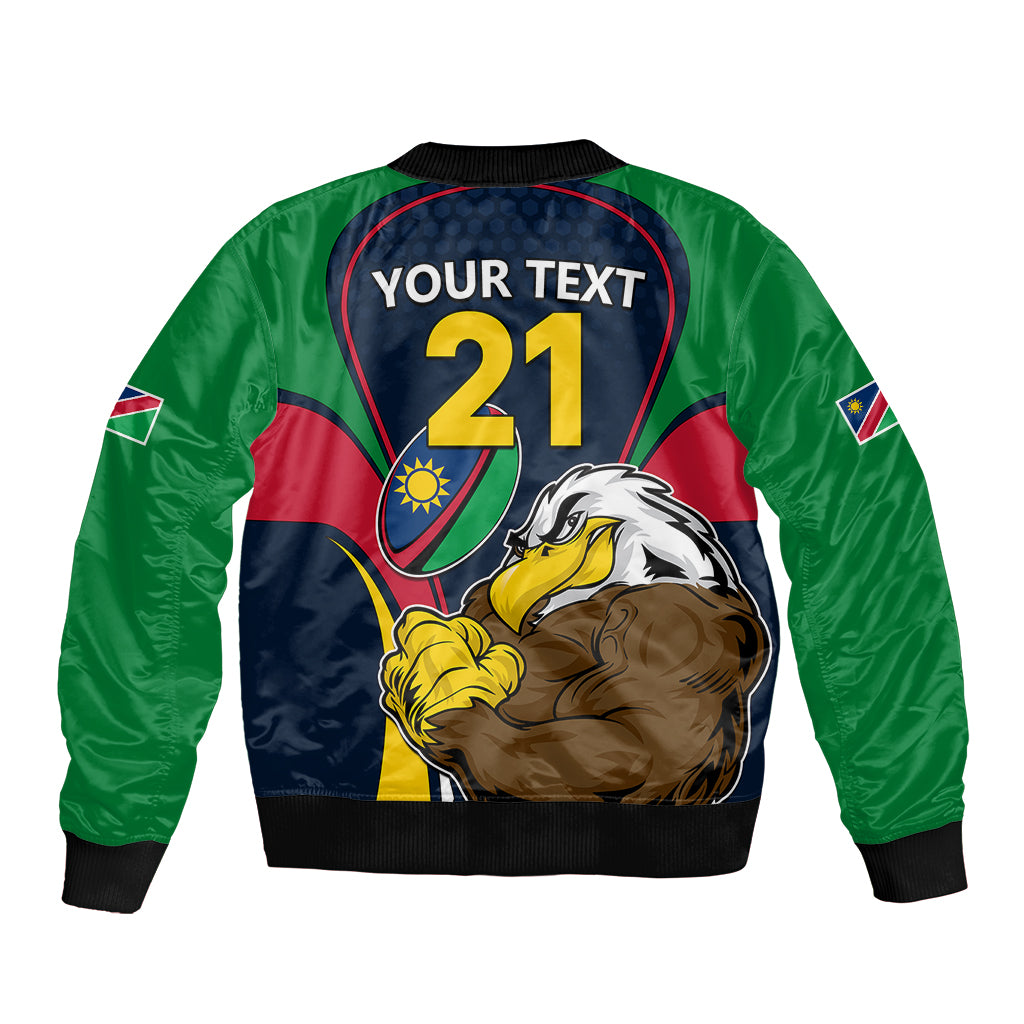 Rugby bomber jacket with back print YOUR TEXT 21, navy and green with eagle mascot