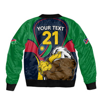 Rugby bomber jacket with back print YOUR TEXT 21, navy and green with eagle mascot