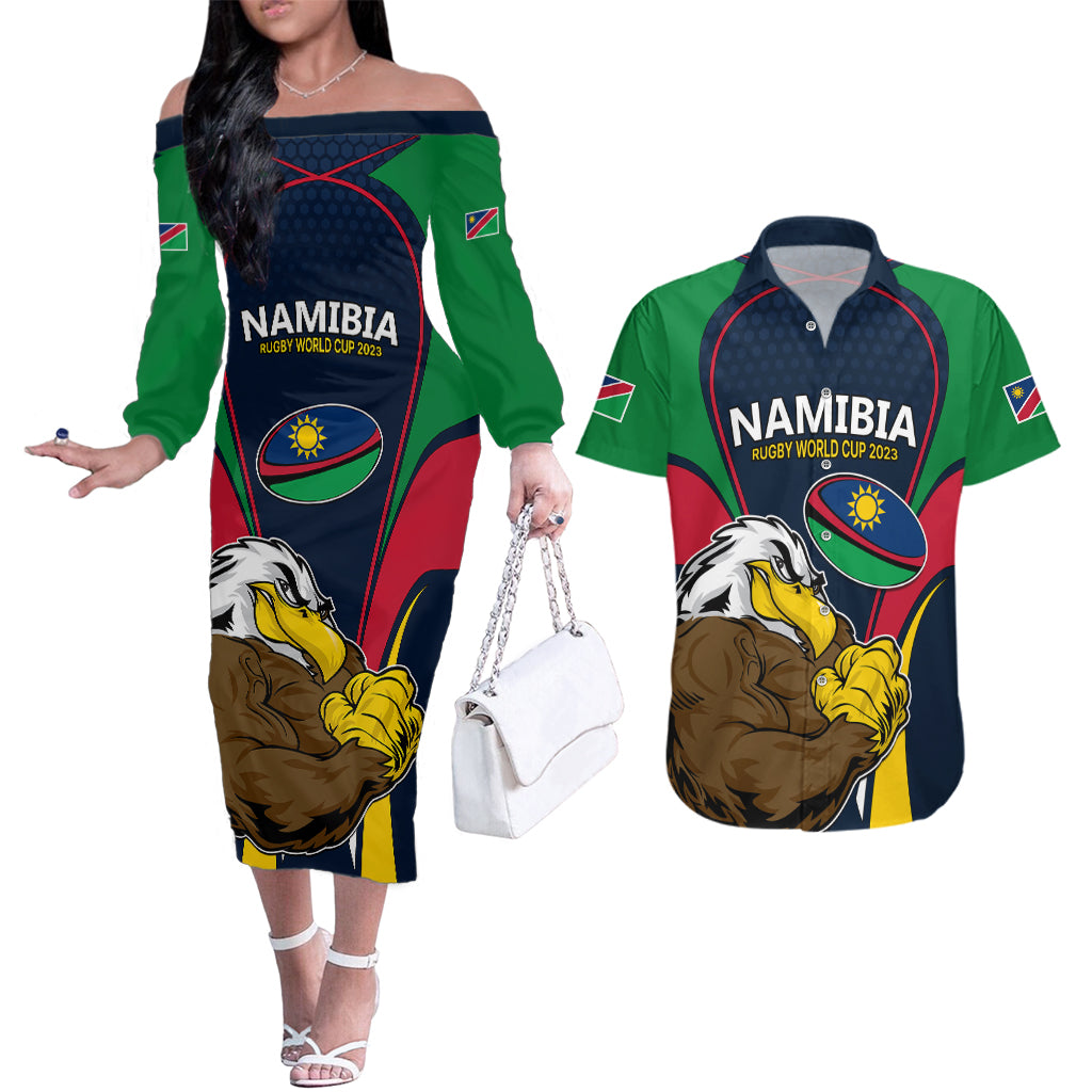 Custom Namibia Rugby Couples Matching Off The Shoulder Long Sleeve Dress and Hawaiian Shirt World Cup 2023 Eagle Mascot Come On Welwitschias LT9 - Wonder Print Shop