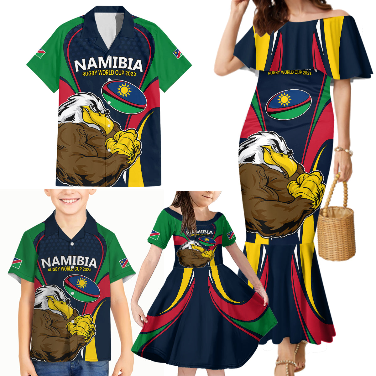 Custom Namibia Rugby Family Matching Mermaid Dress and Hawaiian Shirt World Cup 2023 Eagle Mascot Come On Welwitschias LT9 - Wonder Print Shop