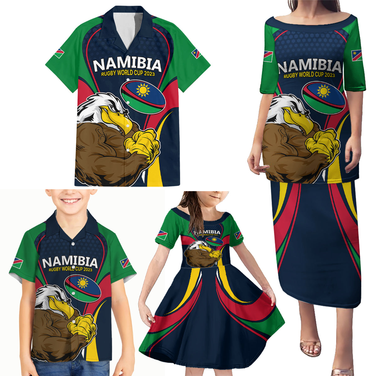 Custom Namibia Rugby Family Matching Puletasi Dress and Hawaiian Shirt World Cup 2023 Eagle Mascot Come On Welwitschias - Wonder Print Shop