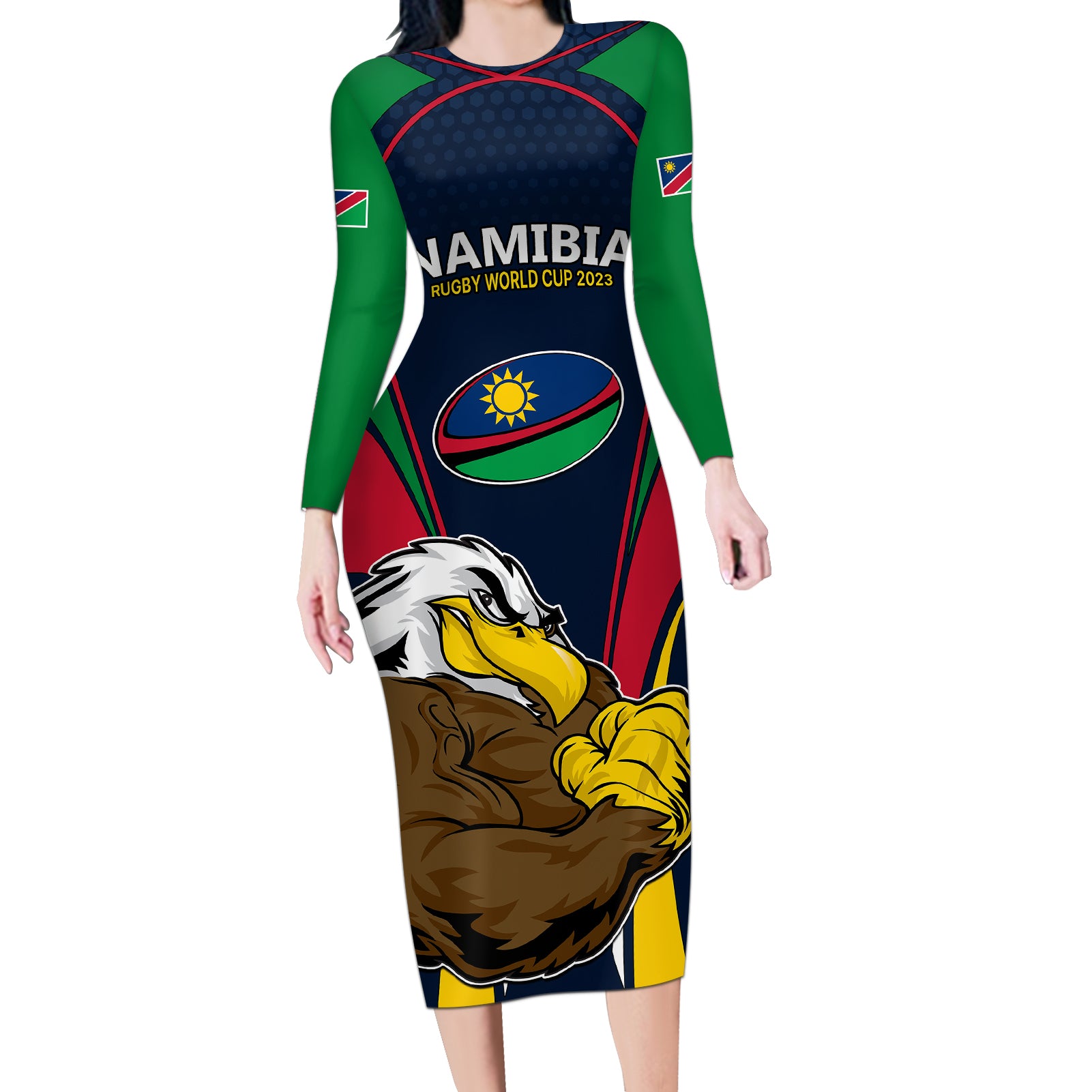 Custom Namibia Rugby Long Sleeve Bodycon Dress World Cup 2023 Eagle Mascot Come On Welwitschias - Wonder Print Shop