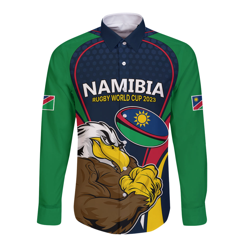 Custom Namibia Rugby Long Sleeve Button Shirt World Cup 2023 Eagle Mascot Come On Welwitschias - Wonder Print Shop