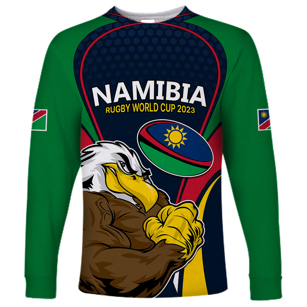 Long-sleeve rugby shirt in green with Namibia Rugby World Cup eagle mascot graphic