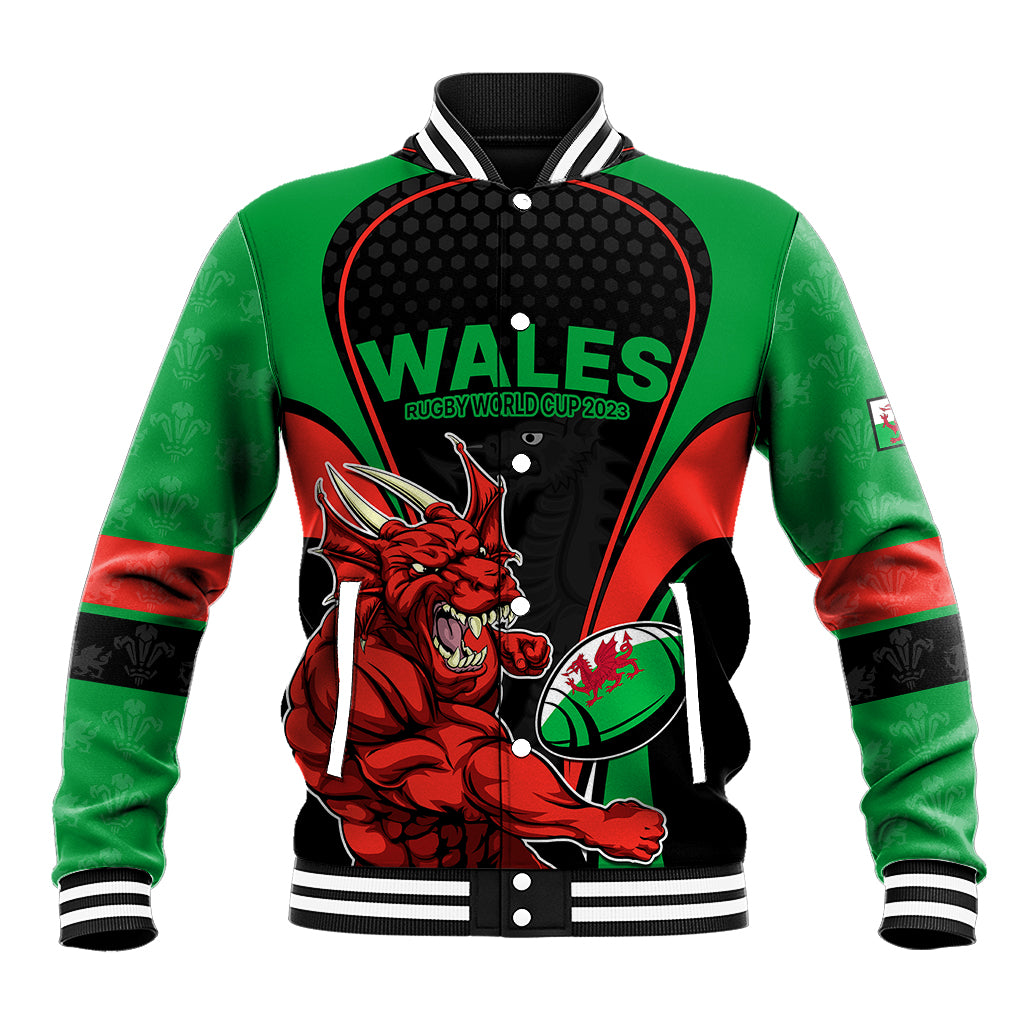 Black, green and red unisex rugby baseball jacket with Wales dragon mascot graphic