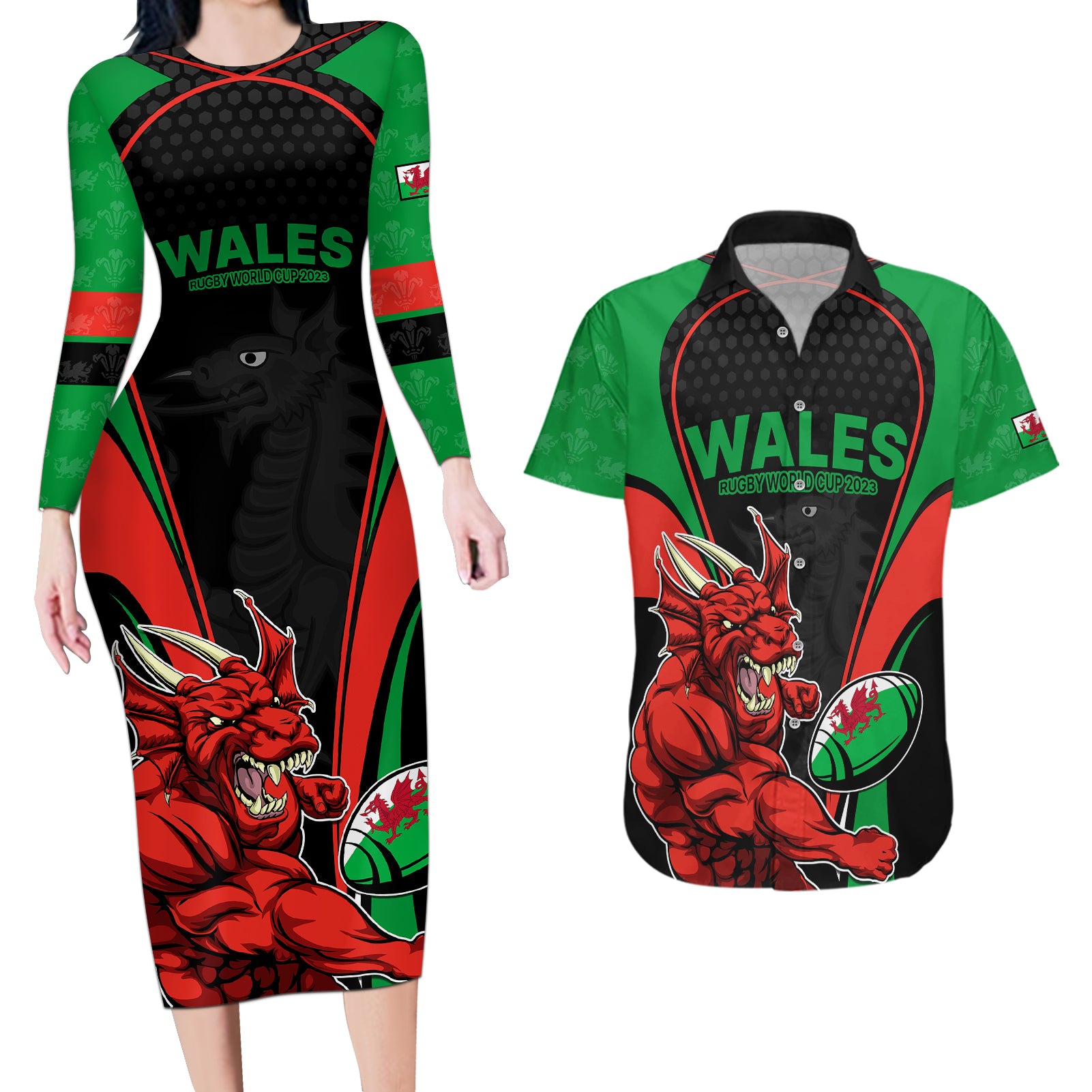 Wales Rugby Couples Matching Long Sleeve Bodycon Dress and Hawaiian Shirt World Cup 2023 Dragon Mascot Come On Cymru LT9 - Wonder Print Shop