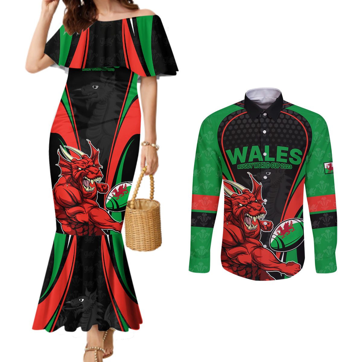 wales-rugby-couples-matching-mermaid-dress-and-long-sleeve-button-shirts-world-cup-2023-dragon-mascot-come-on-cymru