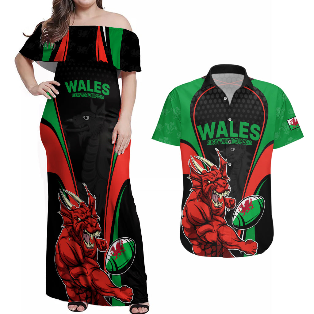 Wales Rugby Couples Matching Off Shoulder Maxi Dress and Hawaiian Shirt World Cup 2023 Dragon Mascot Come On Cymru LT9 - Wonder Print Shop