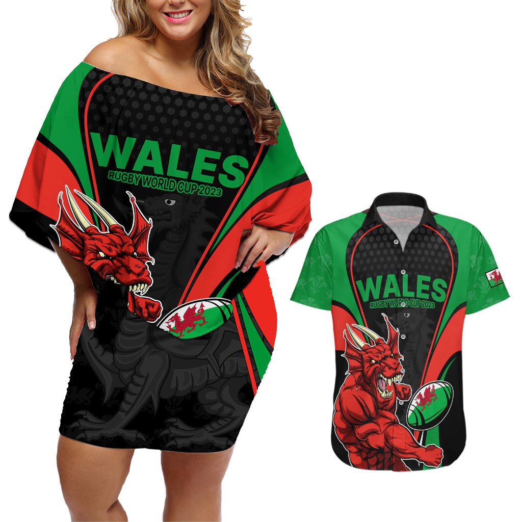 Wales Rugby Couples Matching Off Shoulder Short Dress and Hawaiian Shirt World Cup 2023 Dragon Mascot Come On Cymru LT9 - Wonder Print Shop