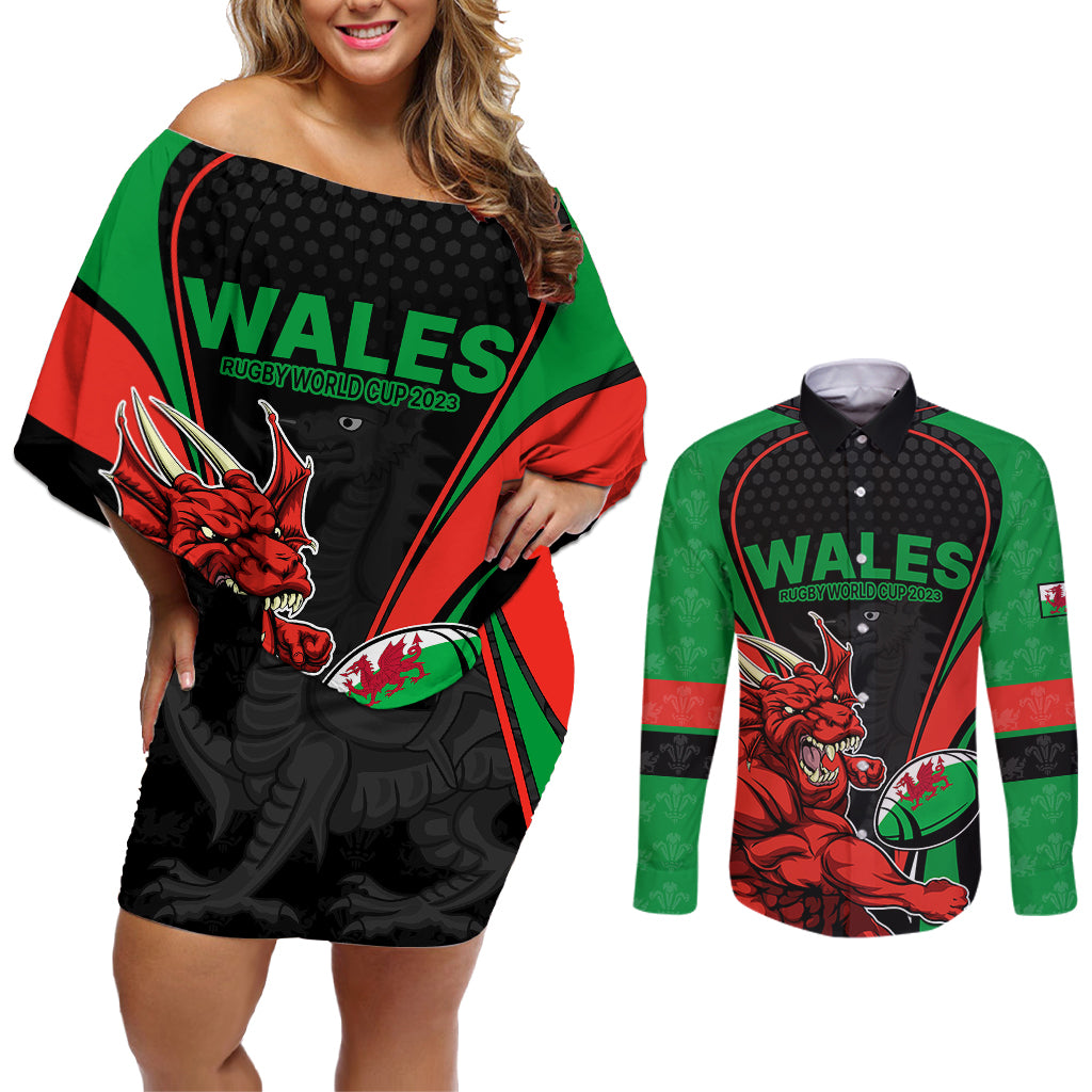 Wales Rugby Couples Matching Off Shoulder Short Dress and Long Sleeve Button Shirts World Cup 2023 Dragon Mascot Come On Cymru LT9 - Wonder Print Shop