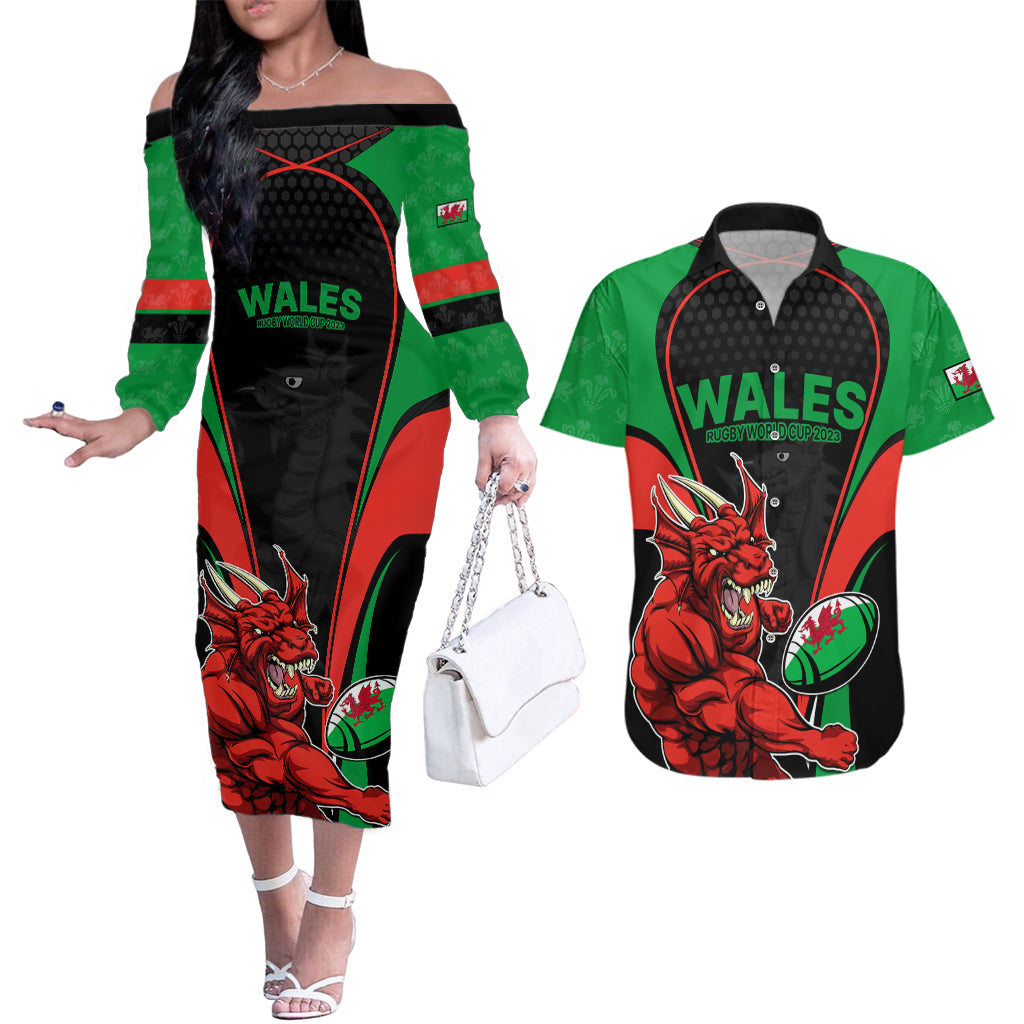 Wales Rugby Couples Matching Off The Shoulder Long Sleeve Dress and Hawaiian Shirt World Cup 2023 Dragon Mascot Come On Cymru LT9 - Wonder Print Shop