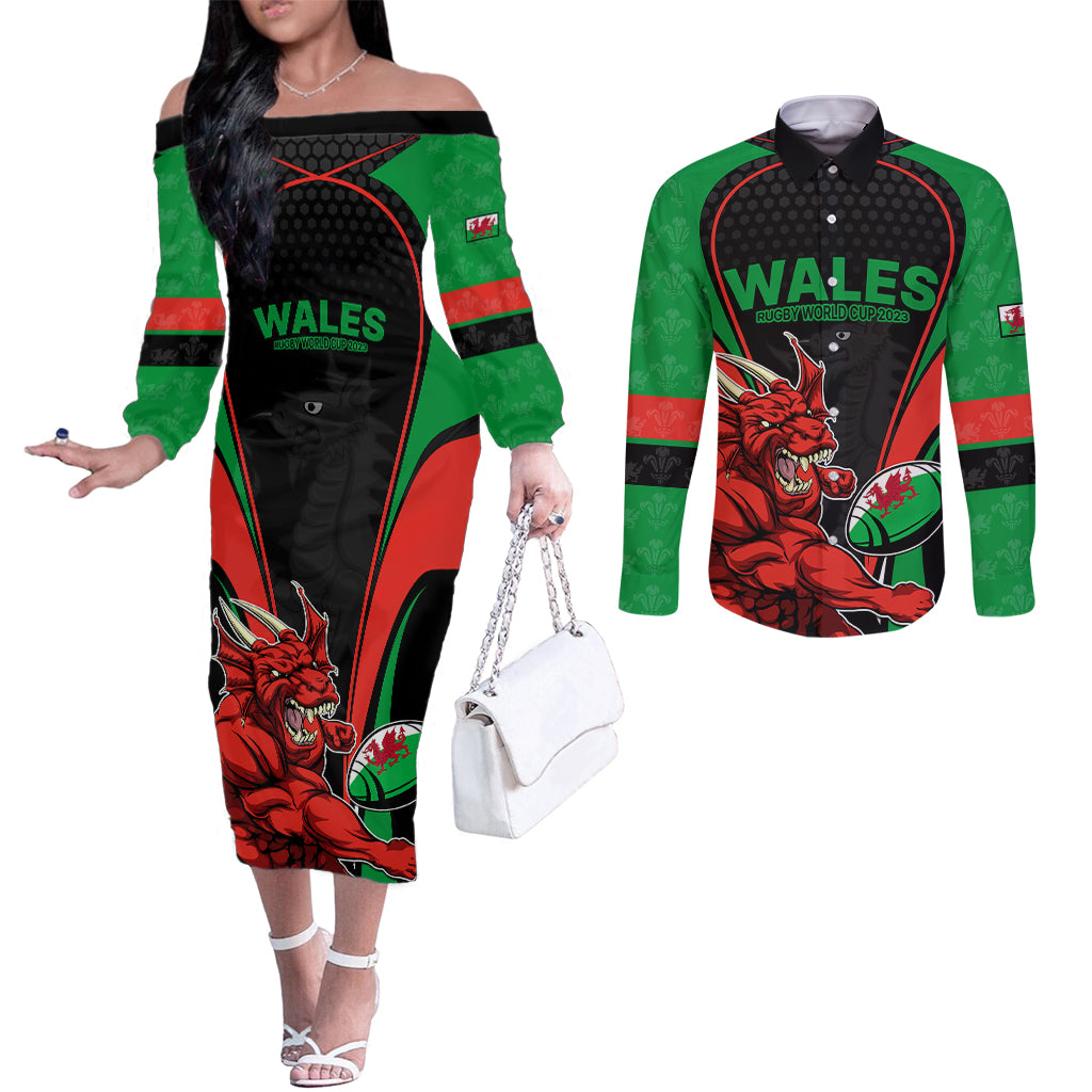 wales-rugby-couples-matching-off-the-shoulder-long-sleeve-dress-and-long-sleeve-button-shirts-world-cup-2023-dragon-mascot-come-on-cymru