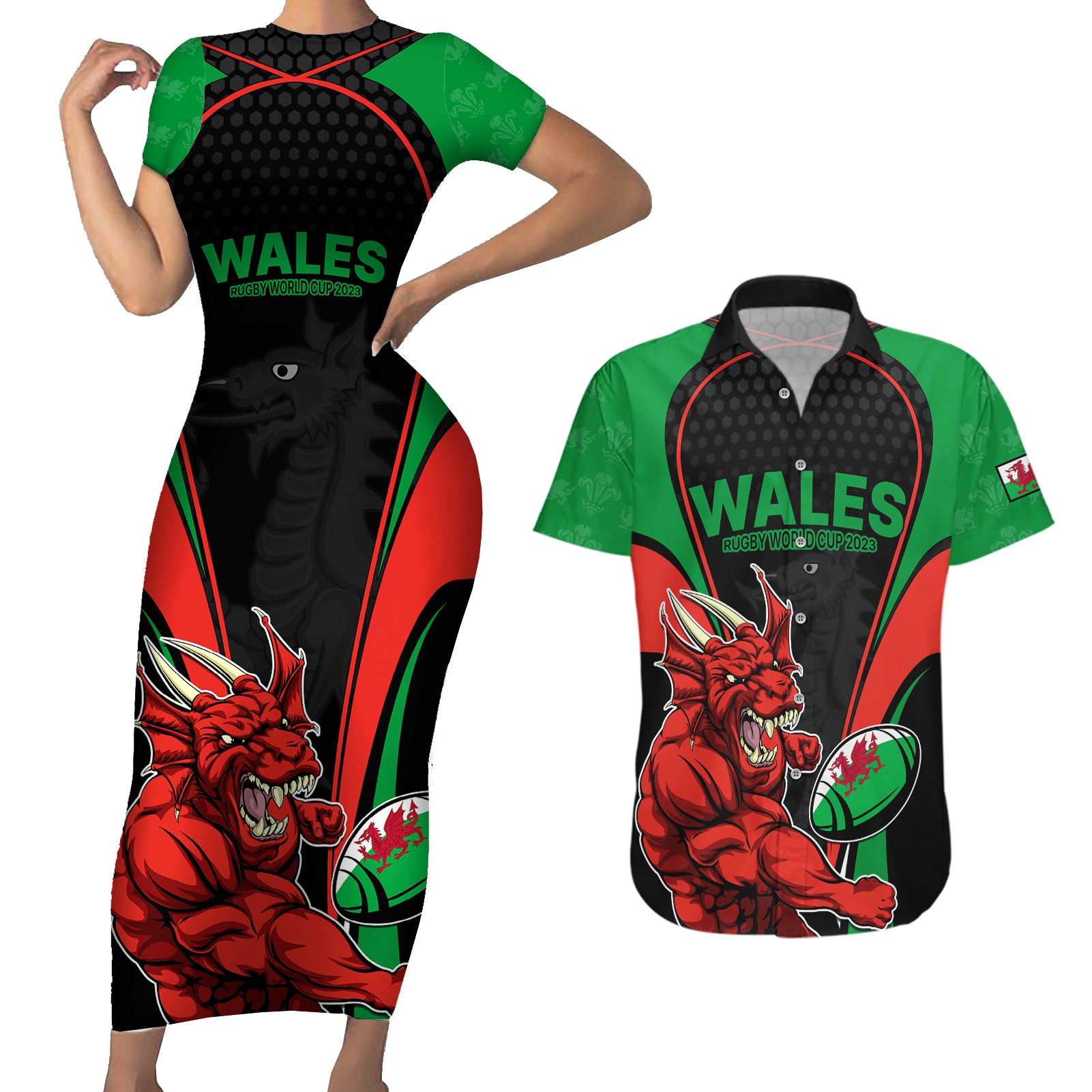 Wales Rugby Couples Matching Short Sleeve Bodycon Dress and Hawaiian Shirt World Cup 2023 Dragon Mascot Come On Cymru LT9 - Wonder Print Shop