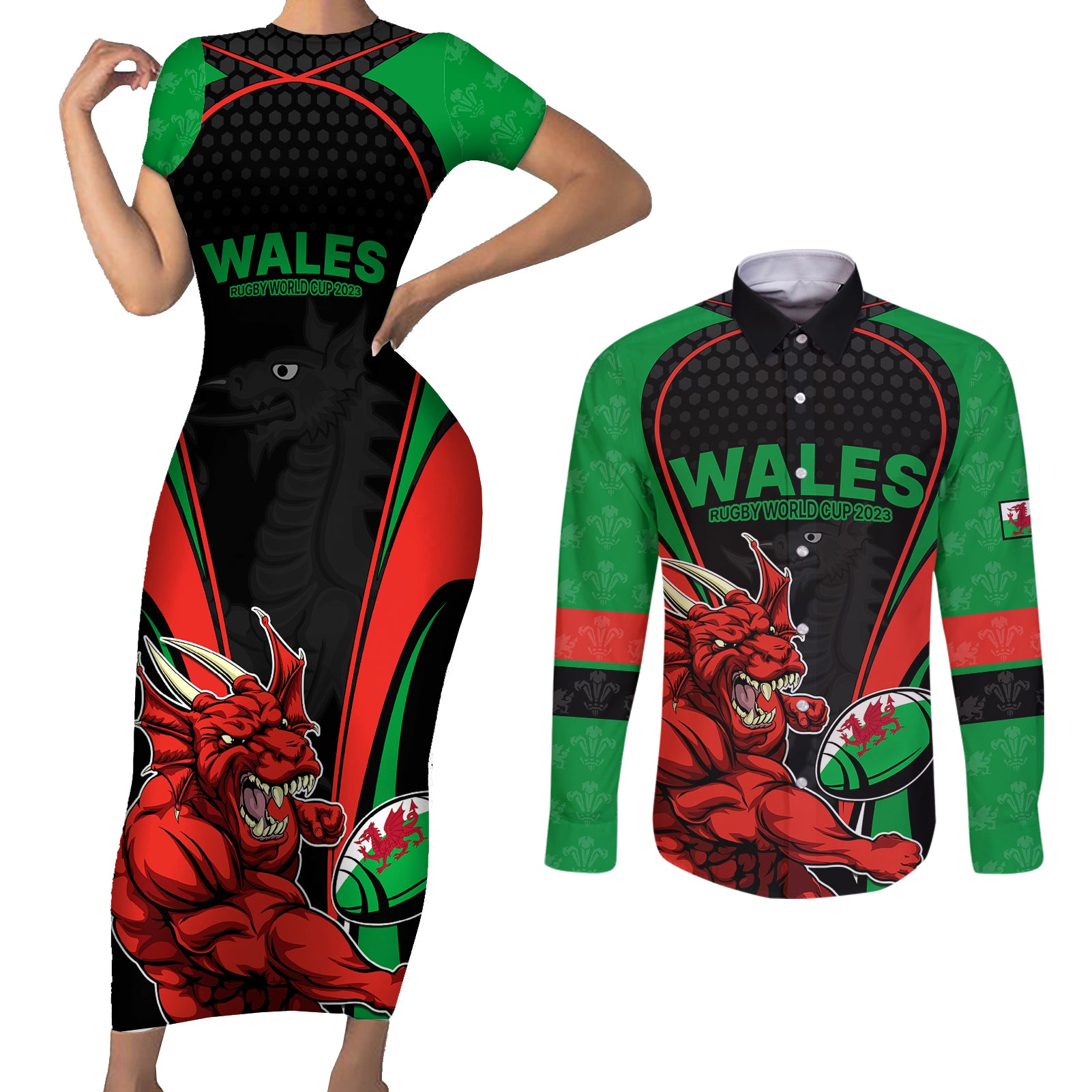 Wales Rugby Couples Matching Short Sleeve Bodycon Dress and Long Sleeve Button Shirts World Cup 2023 Dragon Mascot Come On Cymru LT9 - Wonder Print Shop