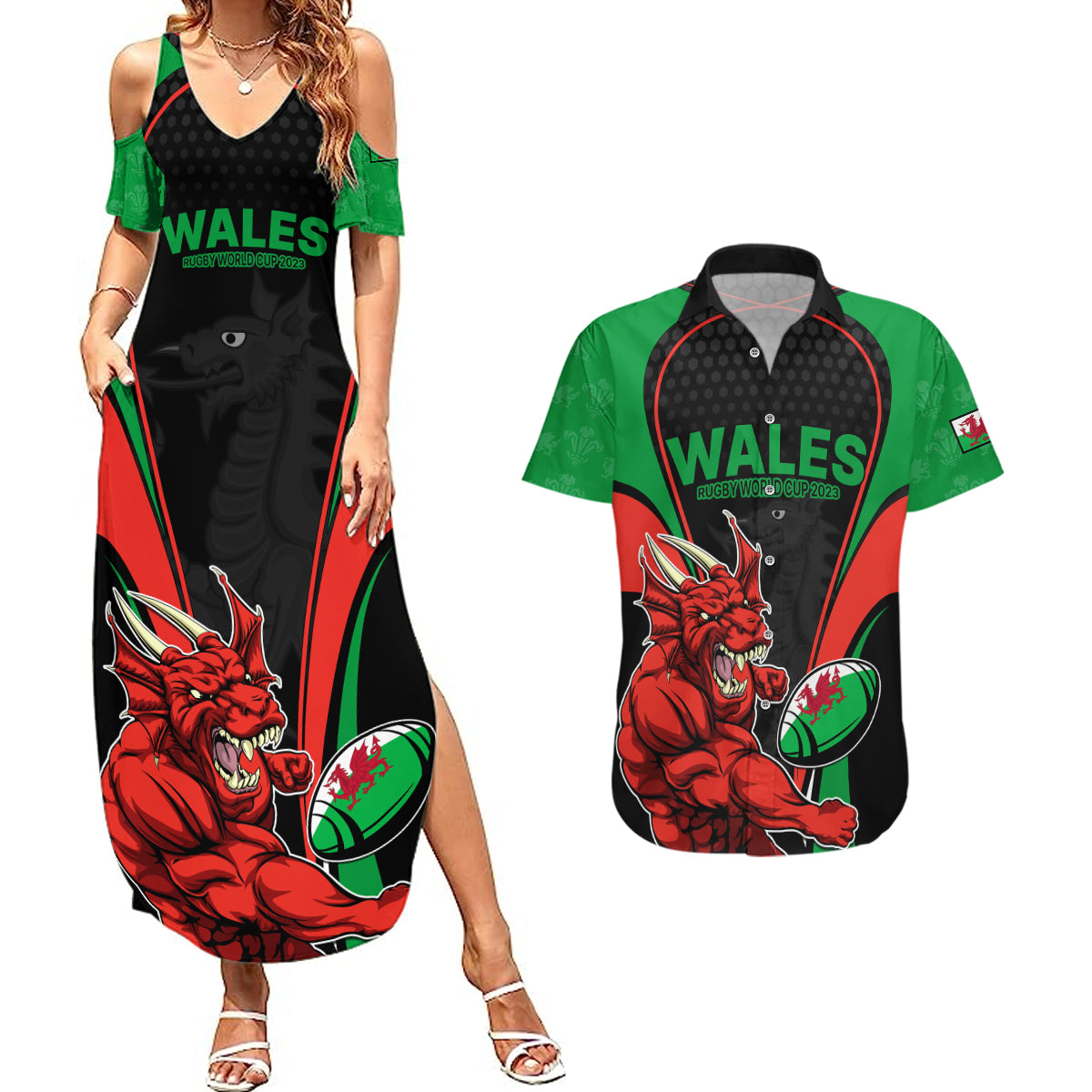 Wales Rugby Couples Matching Summer Maxi Dress and Hawaiian Shirt World Cup 2023 Dragon Mascot Come On Cymru LT9 - Wonder Print Shop