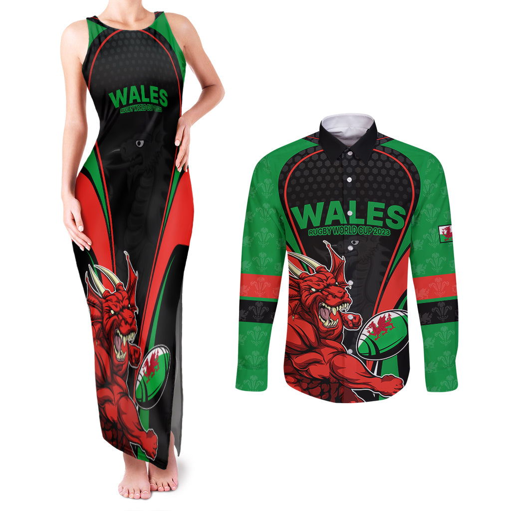 Wales Rugby Couples Matching Tank Maxi Dress and Long Sleeve Button Shirts World Cup 2023 Dragon Mascot Come On Cymru LT9 - Wonder Print Shop